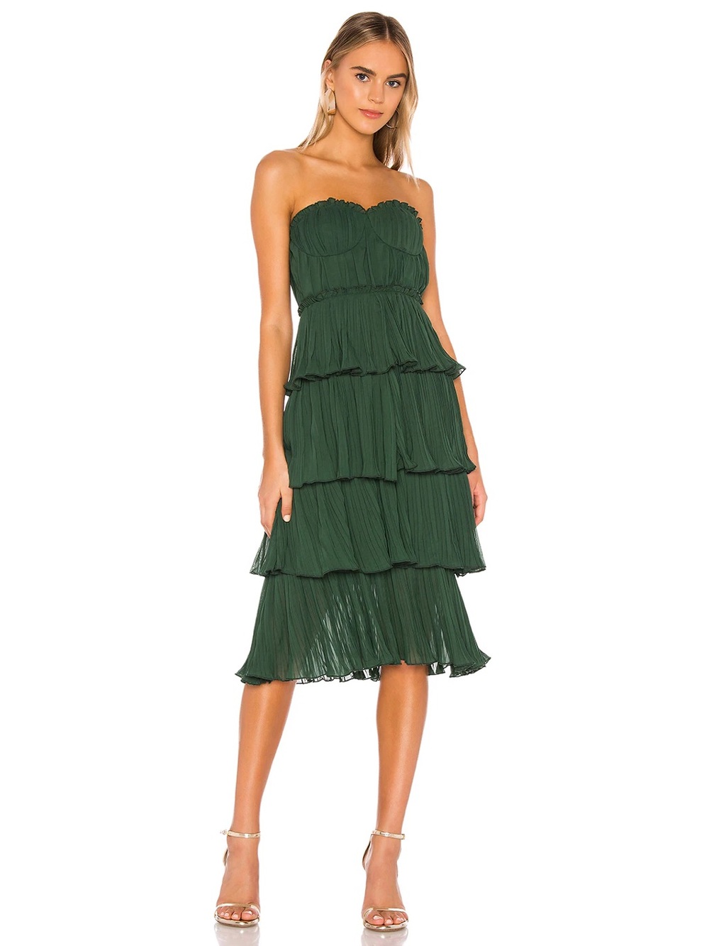 Lovers + Friends Emerald Green Strapless Ruffle Tier Alex Midi Dress, Size XS